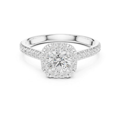 moissanite Diamond ring with a white gold band on a white background