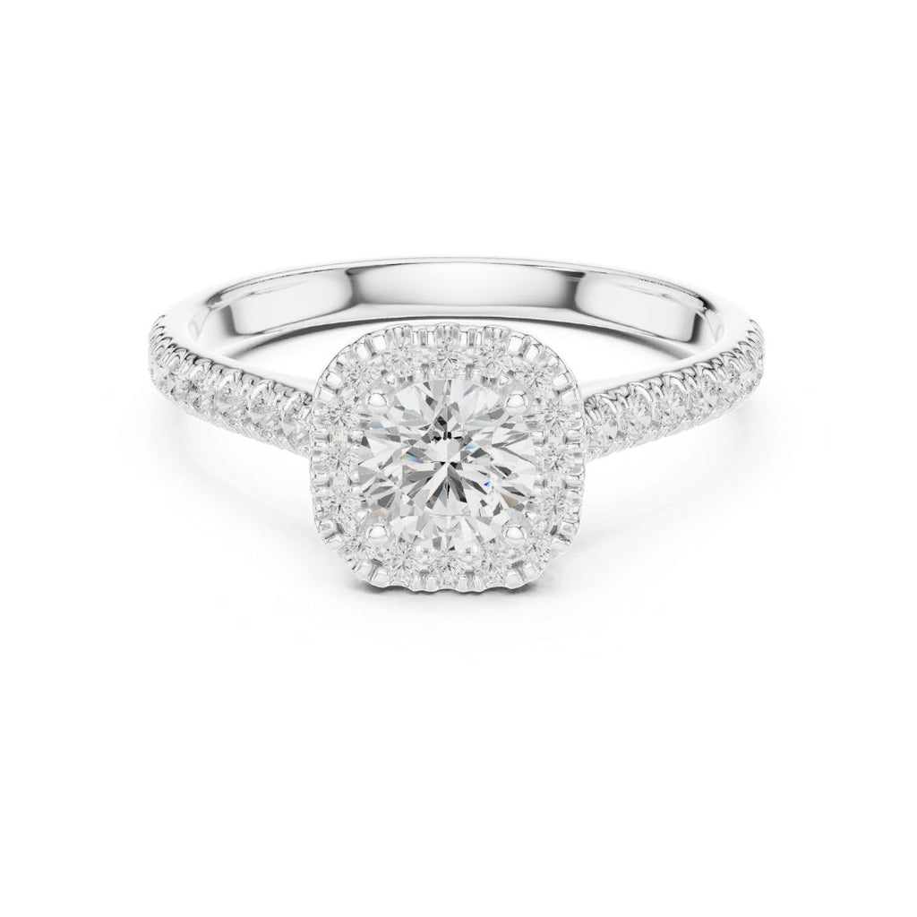 moissanite Diamond ring with a white gold band on a white background