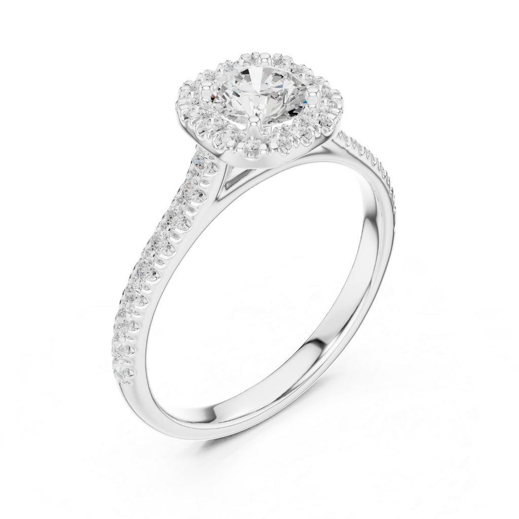 moissanite Diamond ring with a halo setting on a white background