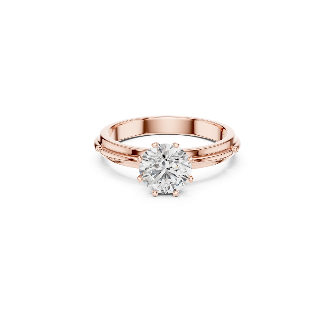 Rose gold ring with a 1ct moissanite  diamond on a white background