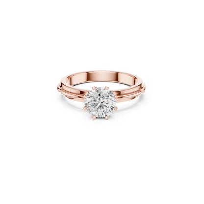 Rose gold ring with a 1ct moissanite  diamond on a white background