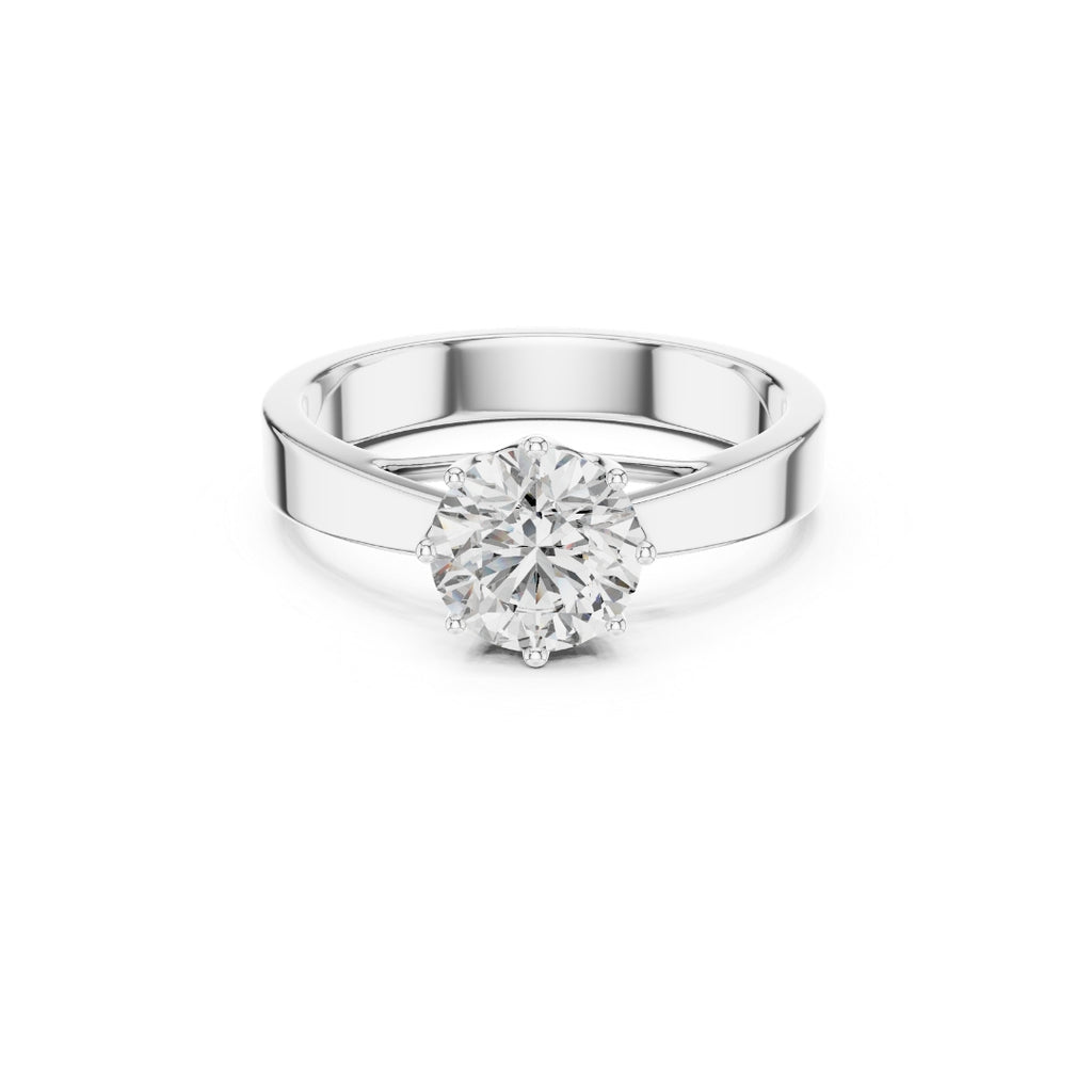 Silver ring with a 1ct moissanite diamond on a white background