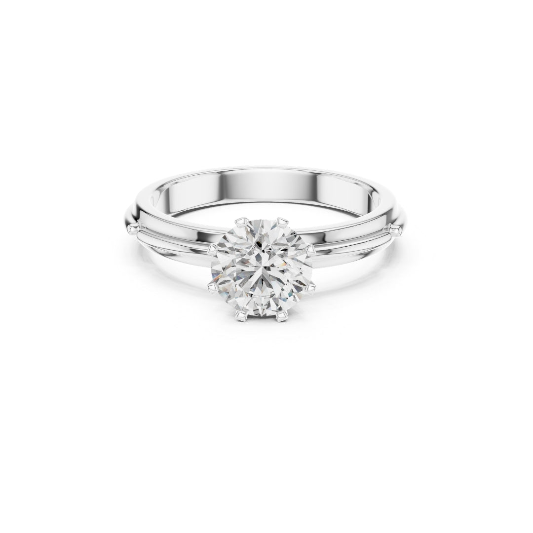 Silver ring with a 1ct moissanite diamond on a white background