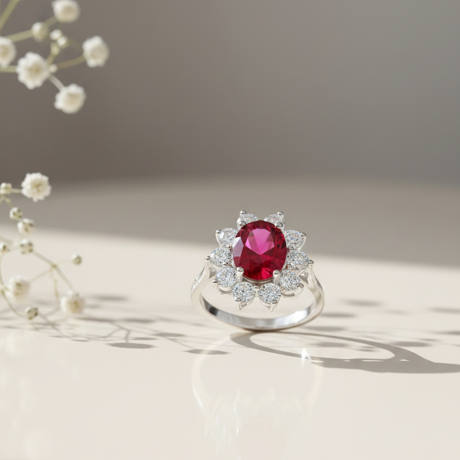 Cynthia Red Ruby Diamond Silver Ring for Her