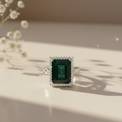 Dahlia Green Emerald Diamond Silver Ring for Her