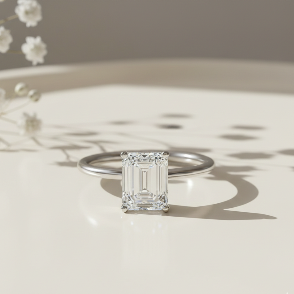 Emerald Moissanite Solitaire Diamond Silver Ring