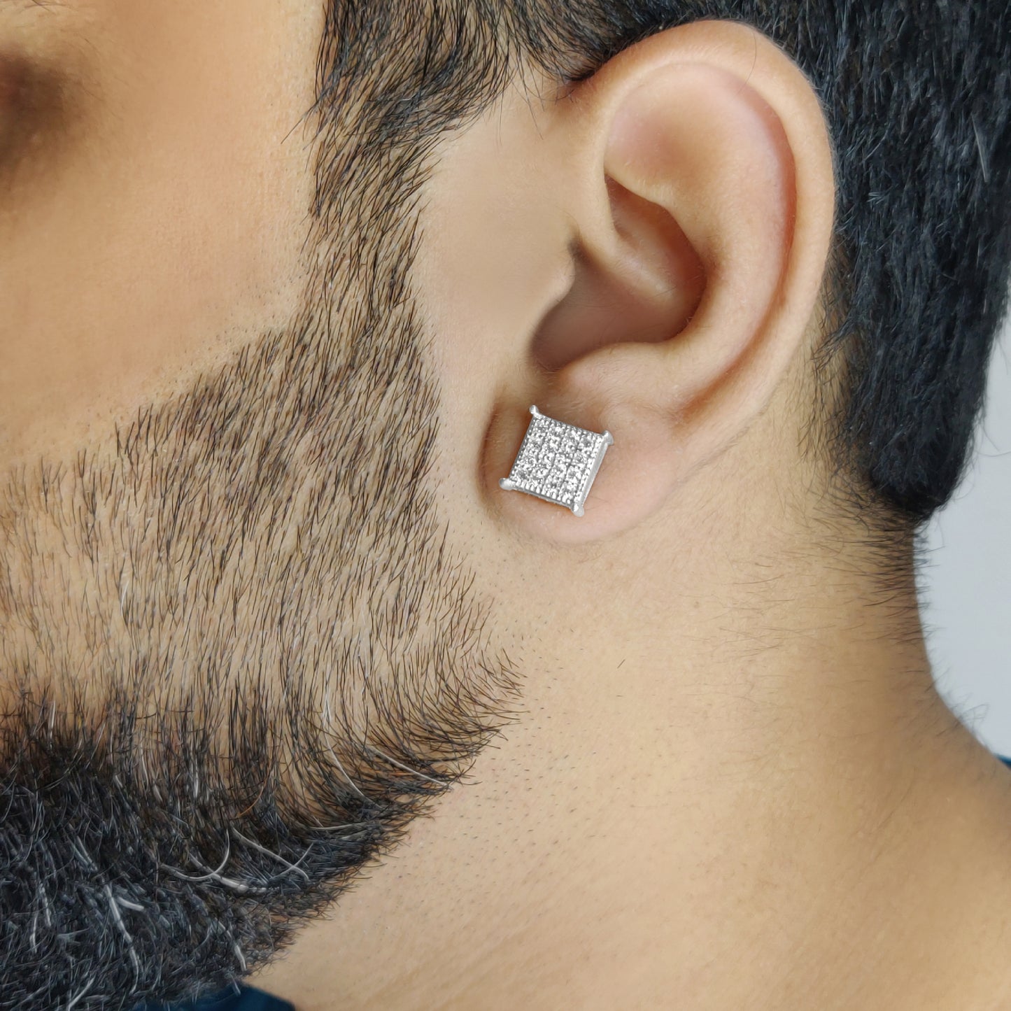 16 Square Diamond Silver Stud for Men - on Model