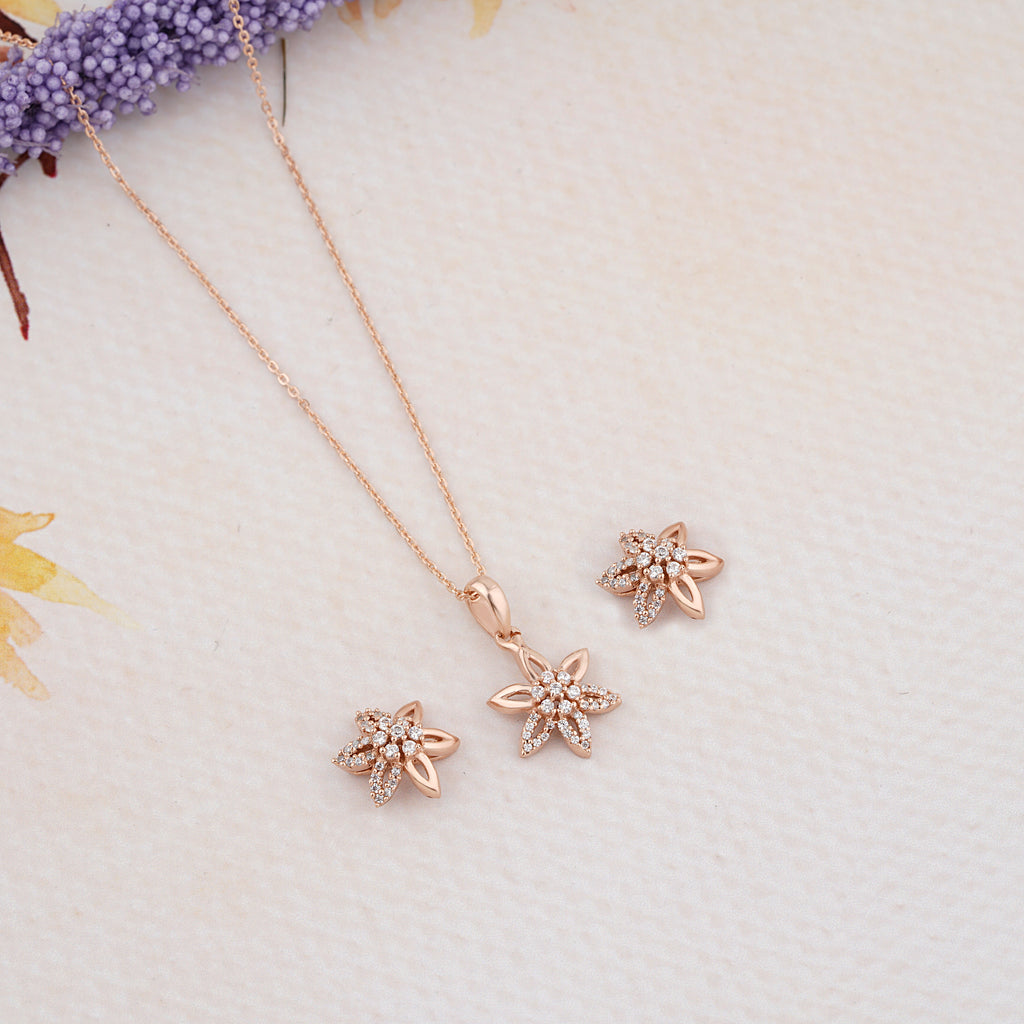 Rose Gold Chain Pendant Set Floral Rose Gold Pendant Set Zevar Amaze