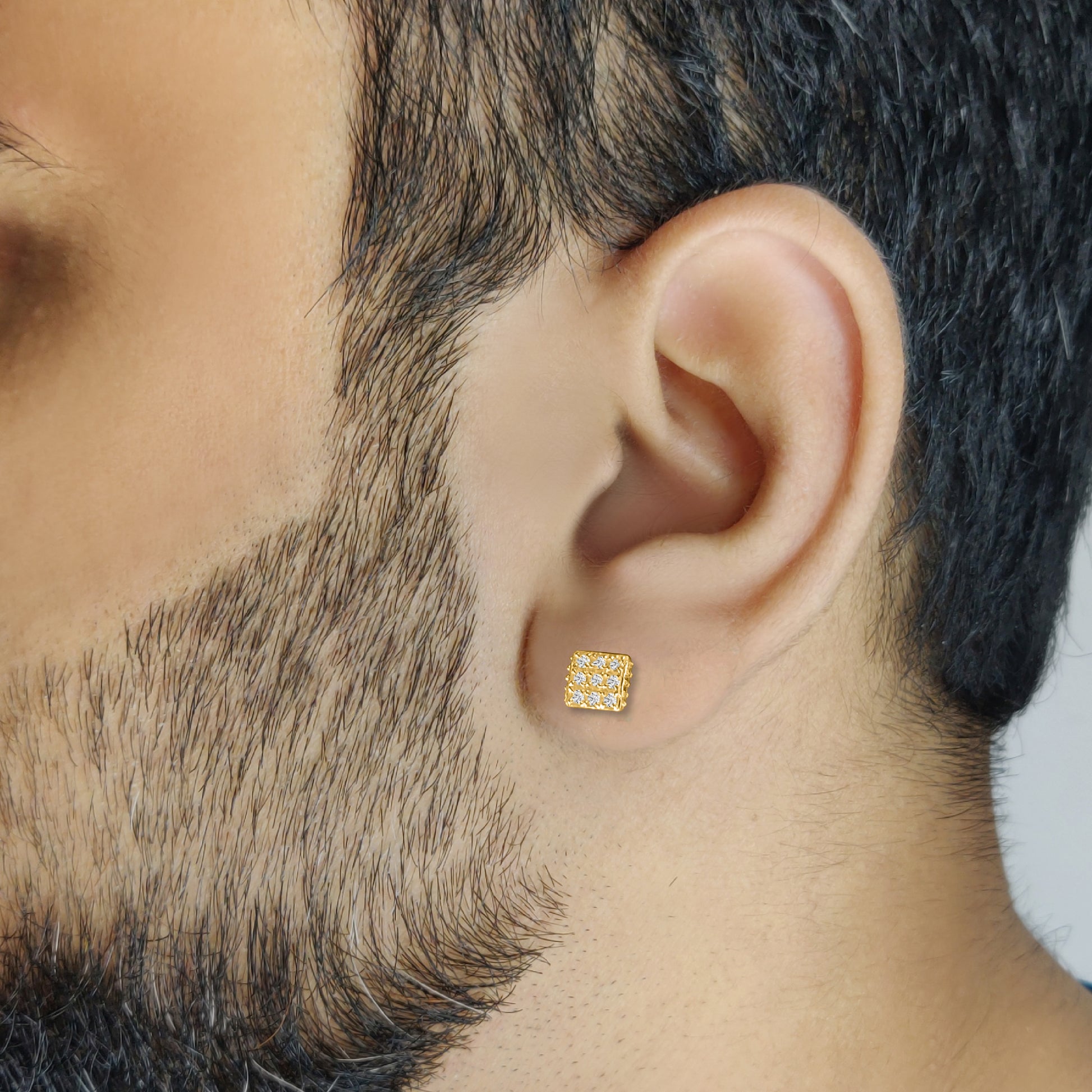 9 square diamond Silver Stud For Men yellow variant on model