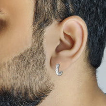 Load image into Gallery viewer, Channel Line diamond Silver Hoop Earrings For Men  white variant on model