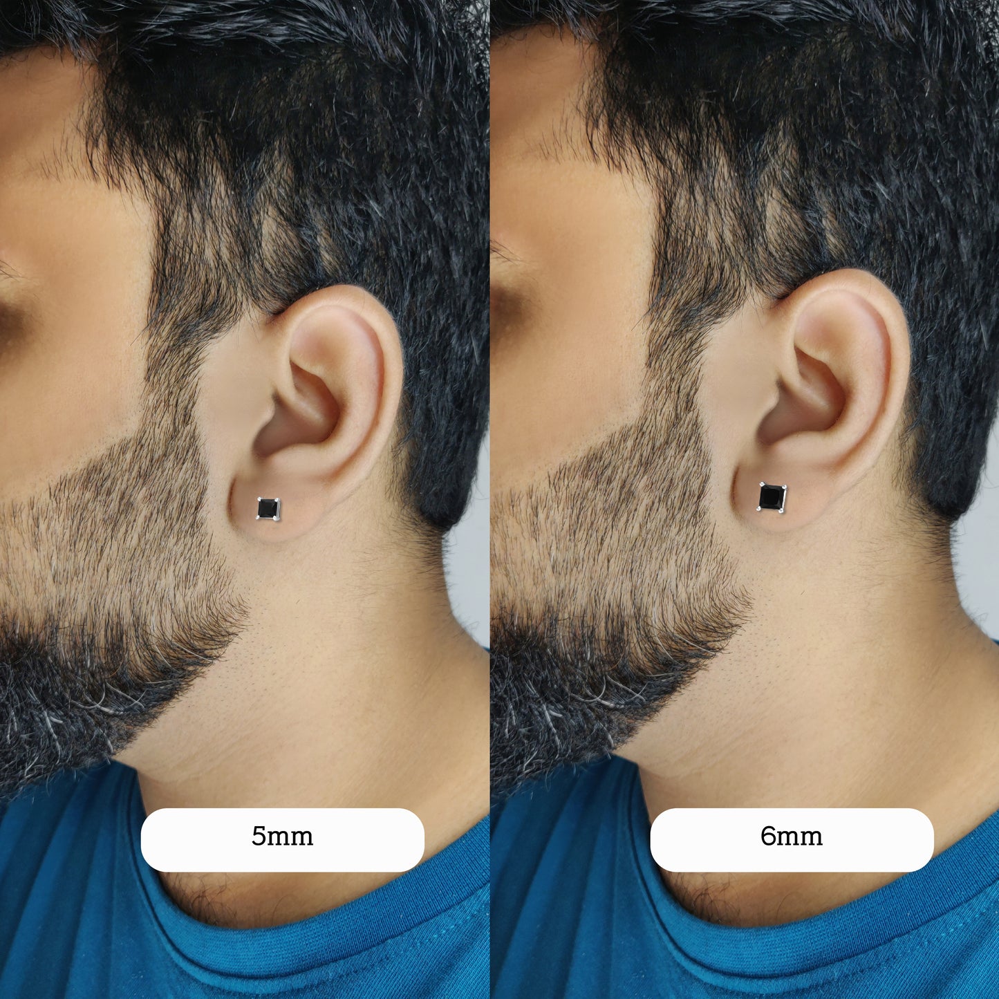 5mm and 6mm variant worn by model for size refrencr for Black Square Crown Silver Stud for Men