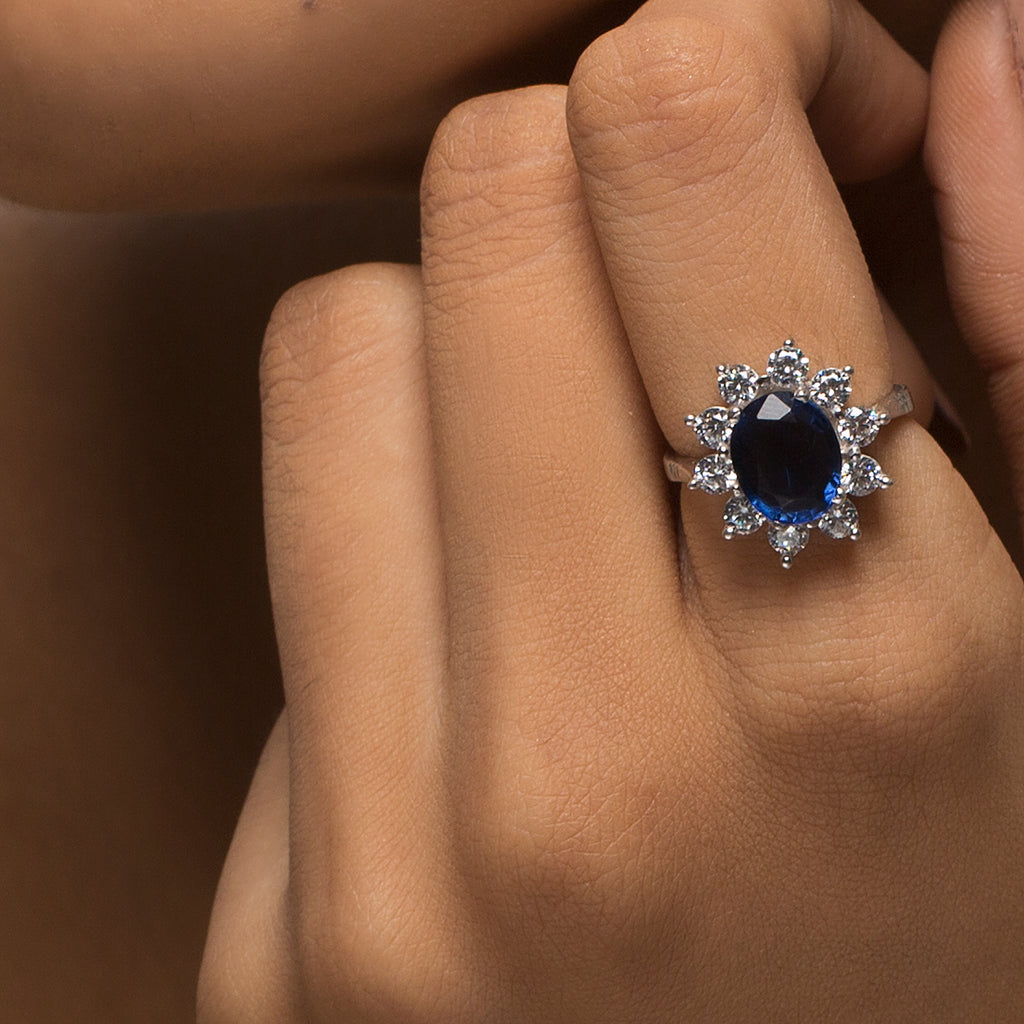 Blue Sapphire diamond Ring On Model- Zevar Amaze