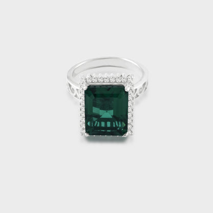  Dahlia Green Emerald Diamond Silver Ring for Her